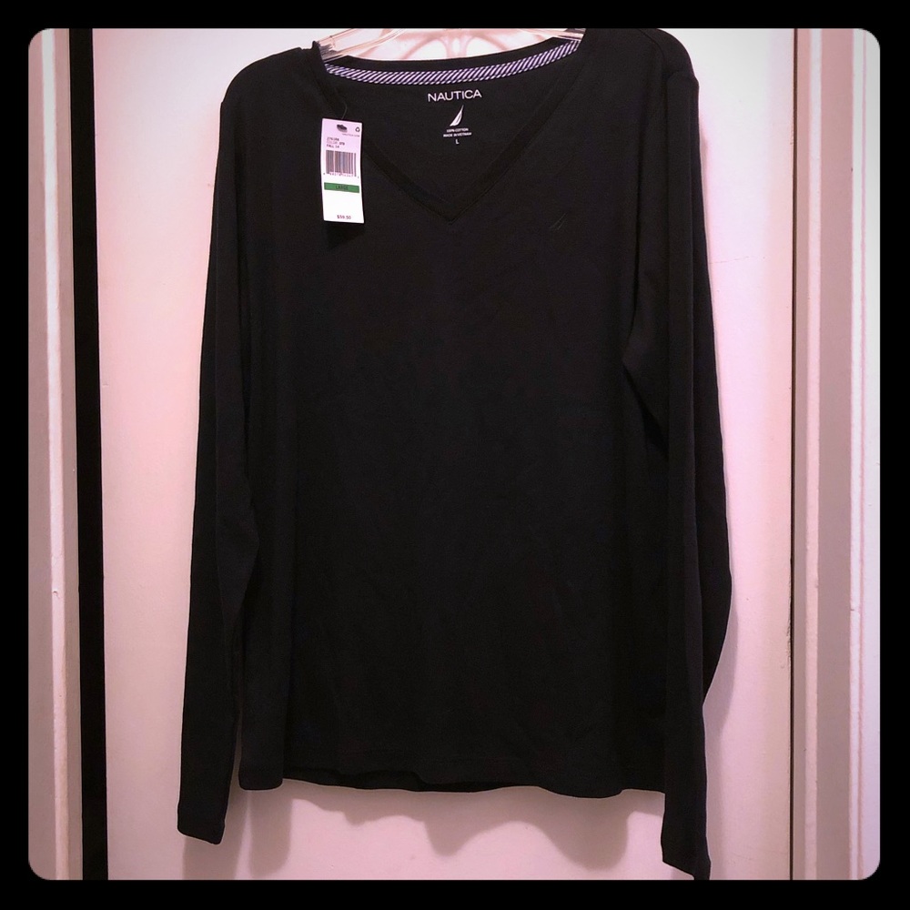 NWT Nautica L Long Sleeve Black V-Neck Shirt Top